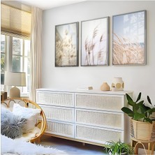 Harikabirev Krem Beyaz Soft Çiçek Manzara Kombini 04  Çerçeveli Cam Tablo  3'lü