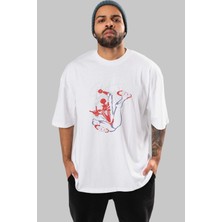ankhisesSpiderman (19) Ön Baskılı Beyaz Oversize T-Shirt Bisiklet Yaka Erkek Kadın