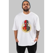 ankhisesSpiderman (28) Ön Baskılı Beyaz Oversize T-Shirt Bisiklet Yaka Erkek Kadın