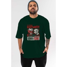 Ankhises Freddy Vs Jason Ön Baskılı Zümrüt Yeşili Oversize T-Shirt Bisiklet Yaka Pamuk Erkek Kadın