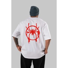 ankhisesSpiderman (32) Arka Baskılı Beyaz Oversize T-Shirt Bisiklet Yaka Pamuk Erkek Kadın