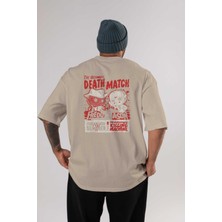 Ankhises Freddy Vs Jason Arka Baskılı Bej Oversize T-Shirt Bisiklet Yaka Pamuk Erkek Kadın