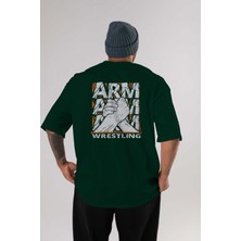 Ankhises Arm Wrestling Arka Baskılı Zümrüt Yeşili Oversize T-Shirt Unisex Erkek Kadın Bisiklet Yaka