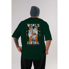 Ankhises World Control Arka Baskılı Zümrüt Yeşili Oversize T-Shirt Erkek Kadın Bisiklet Yaka