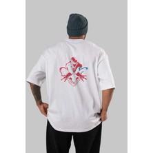 ankhisesSpiderman (27) Arka Baskılı Beyaz Oversize T-Shirt Bisiklet Yaka Pamuk Erkek Kadın