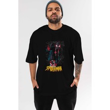 ankhisesSpiderman (25) Ön Baskılı Siyah Oversize T-Shirt Bisiklet Yaka Erkek Kadın