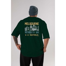 Ankhises Melbourne Arka Baskılı Zümrüt Yeşili Oversize T-Shirt Unisex Erkek Kadın Bisiklet Yaka