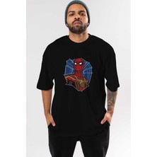 ankhisesSpiderman (29) Ön Baskılı Siyah Oversize T-Shirt Bisiklet Yaka Erkek Kadın