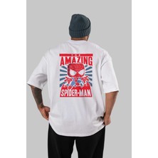 ankhisesSpiderman (20) Arka Baskılı Beyaz Oversize T-Shirt Bisiklet Yaka Pamuk Erkek Kadın