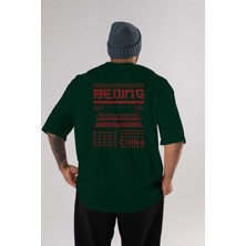 Ankhises Beijing Arka Baskılı Zümrüt Yeşili Oversize T-Shirt Unisex Erkek Kadın Bisiklet Yaka