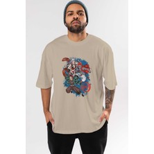 Ankhises Tanjıro ,akaza,dakı Anime Ön Baskılı Bej Oversize T-Shirt Erkek Kadın