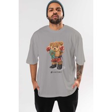 Ankhises Teddy Bear Victory Ön Baskılı Gri Oversize T-Shirt Unisex Erkek Kadın Bisiklet Yaka