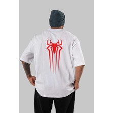 ankhisesSpiderman Arka Baskılı Beyaz Oversize T-Shirt  Erkek Kadın Bisiklet Yaka