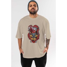 Ankhises Trıbal Anime Ön Baskılı Bej Oversize T-Shirt Erkek Kadın