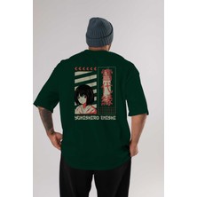 Ankhises Yukishiro Enishi Arka Baskılı Zümrüt Yeşili Oversize T-Shirt Erkek Kadın Bisiklet Yaka