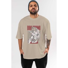 Ankhises Bakı Hanma Anime Ön Baskılı Bej Oversize T-Shirt Erkek Kadın