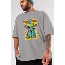 Ankhises Robo Zombie Ön Baskılı Gri Oversize T-Shirt Unisex Erkek Kadın Bisiklet Yaka