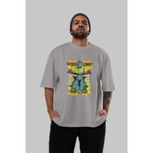 Ankhises Robo Zombie Ön Baskılı Gri Oversize T-Shirt Unisex Erkek Kadın Bisiklet Yaka