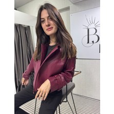 Vintage Kadın Bordo Deri Biker Ceket