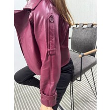 Vintage Kadın Bordo Deri Biker Ceket
