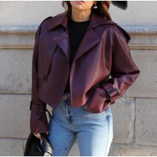 Vintage Kadın Bordo Deri Biker Ceket