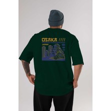 Ankhises Osaka Arka Baskılı Zümrüt Yeşili Oversize T-Shirt Erkek Kadın Bisiklet Yaka
