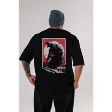 ankhisesGodzilla (2) Arka Baskılı Siyah Oversize T-Shirt Bisiklet Yaka Pamuk Erkek Kadın