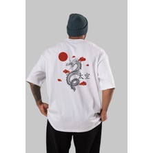 ankhises Chinese Dragon Arka Baskılı Beyaz Oversize T-Shirt Erkek Kadın Bisiklet Yaka