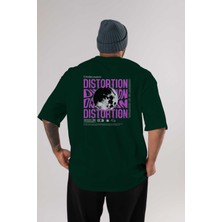 Ankhises Distortion Arka Baskılı Zümrüt Yeşili Oversize T-Shirt Unisex Erkek Kadın Bisiklet Yaka