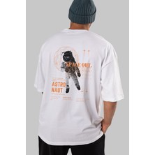 ankhises Astronaut Space Out Arka Baskılı Beyaz Oversize T-Shirt Erkek Kadın Bisiklet Yaka