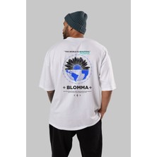ankhisesBlomma Arka Baskılı Beyaz Oversize T-Shirt  Erkek Kadın Bisiklet Yaka