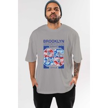 Ankhises Brooklyn 86 Style Ön Baskılı Gri Oversize T-Shirt Unisex Erkek Kadın Bisiklet Yaka