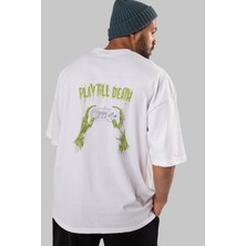 ankhisesPlay Till Death Arka Baskılı Beyaz Oversize T-Shirt  Erkek Kadın Bisiklet Yaka