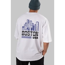 ankhises Boston Arka Baskılı Beyaz Oversize T-Shirt  Erkek Kadın Bisiklet Yaka