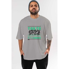 Ankhises Tokyo Urban Style 2 Ön Baskılı Gri Oversize T-Shirt Unisex Erkek Kadın Bisiklet Yaka