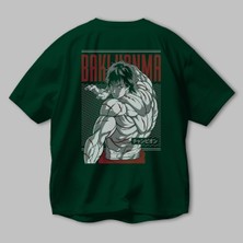 Ankhises Bakı Hanma Anime Arka Baskılı Zümrüt Yeşili Oversize T-Shirt Pamuk Erkek Kadın