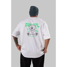ankhises Teddy Bear Stay Cool Arka Baskılı Beyaz Oversize T-Shirt  Erkek Kadın Bisiklet Yaka