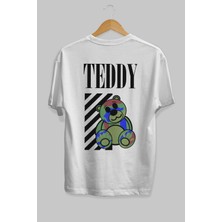 ankhises Teddy Bear Arka Baskılı Beyaz Oversize T-Shirt  Erkek Kadın Bisiklet Yaka