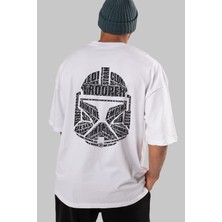 ankhises Trooper Arka Baskılı Beyaz Oversize T-Shirt  Erkek Kadın Bisiklet Yaka