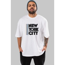 ankhises New York City Style Ön Baskılı Beyaz Oversize T-Shirt  Erkek Kadın Bisiklet Yaka
