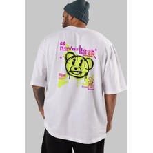 ankhises Never Look Back Bear Arka Baskılı Beyaz Oversize T-Shirt  Erkek Kadın Bisiklet Yaka