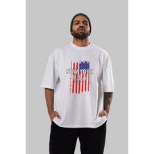 ankhises New York Usa Ön Baskılı Beyaz Oversize T-Shirt  Erkek Kadın Bisiklet Yaka