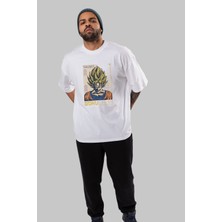 ankhises Goku Ön Baskılı Beyaz Oversize T-Shirt  Erkek Kadın Bisiklet Yaka