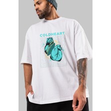 ankhises Cold Heart Ön Baskılı Beyaz Oversize T-Shirt  Erkek Kadın Bisiklet Yaka