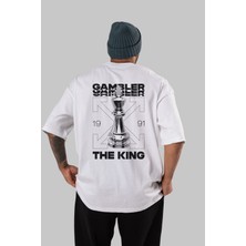 ankhises Gambler The King Arka Baskılı Beyaz Oversize T-Shirt  Erkek Kadın Bisiklet Yaka