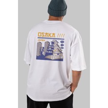 ankhises Osaka Arka Baskılı Beyaz Oversize T-Shirt  Erkek Kadın Bisiklet Yaka