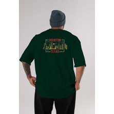 Ankhises Houston Arka Baskılı Zümrüt Yeşili Oversize T-Shirt Unisex Erkek Kadın Bisiklet Yaka