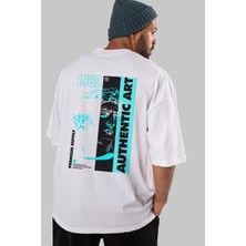 ankhises Authentic Art Arka Baskılı Beyaz Oversize T-Shirt  Erkek Kadın Bisiklet Yaka