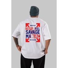 ankhises Kill Savage Arka Baskılı Beyaz Oversize T-Shirt  Erkek Kadın Bisiklet Yaka