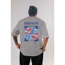 Ankhises Brooklyn 86 Style Arka Baskılı Gri Oversize T-Shirt Unisex Erkek Kadın Bisiklet Yaka